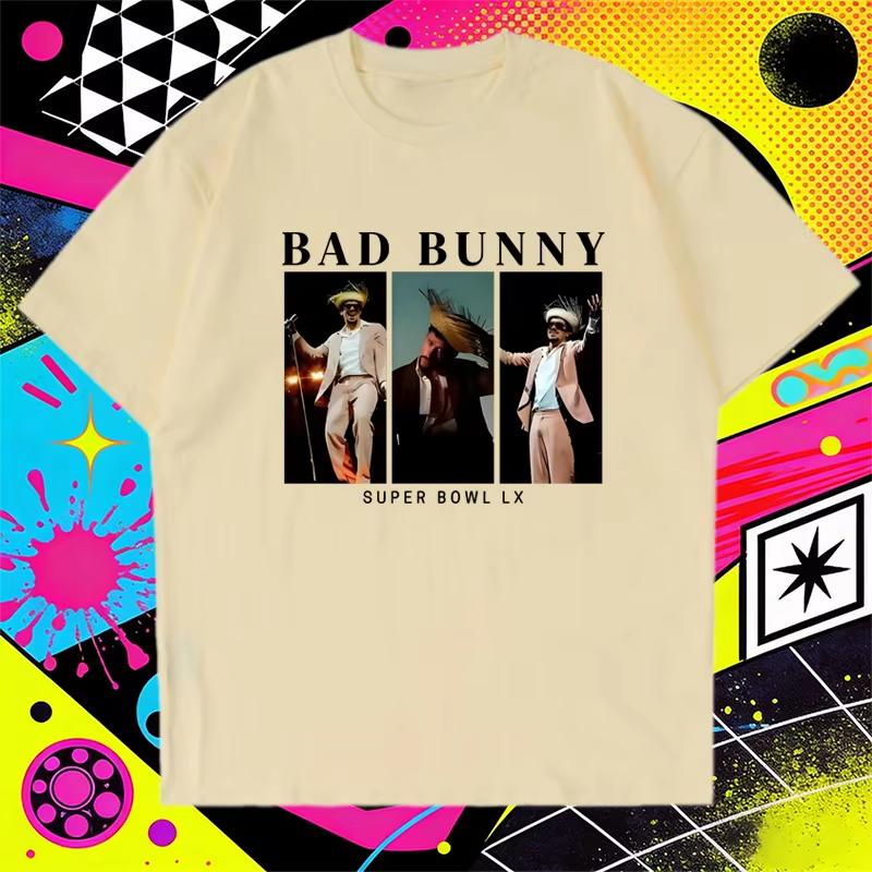 Rapper Bad Bunny Super 2026 Springsummer Graphics print T shirt Unisex Women harajuku vintage streetwear Unisex pure Cotton Tops