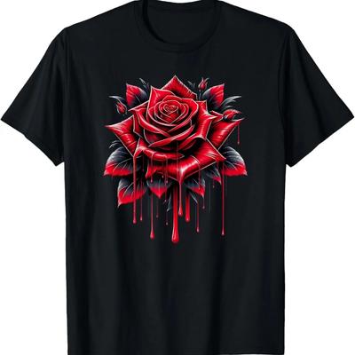 Prachtig Rood Roos Bloem Druppelende Bloemblaadjes Kunst Design T-shirt