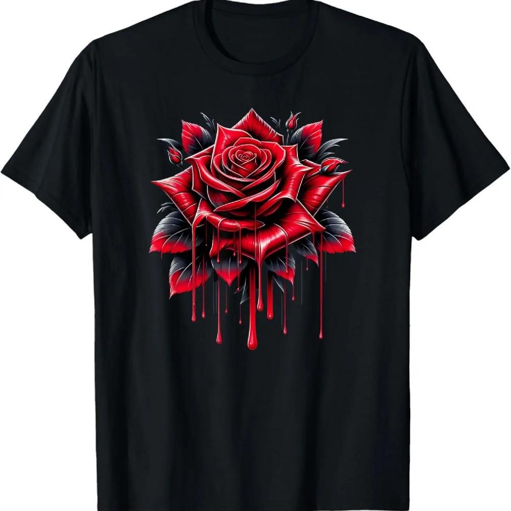 Beautiful Red Rose Flower Dripping Petals Art Design T-Shirt