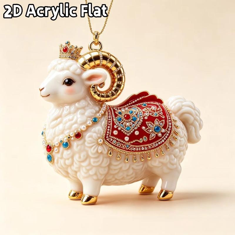 2D Flat Acrylic Christmas Hanging Pendant Red Gold Chinese Zodiac Goat Xmas Tree Ornament New Year Car Pendant