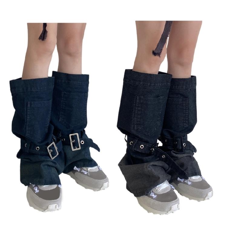 Women Japanese Punk Buckle Strap Leg Warmers Harajuku Aesthetic Streetwear Baggy Loose Denims Leg Sleeve Foot Covers