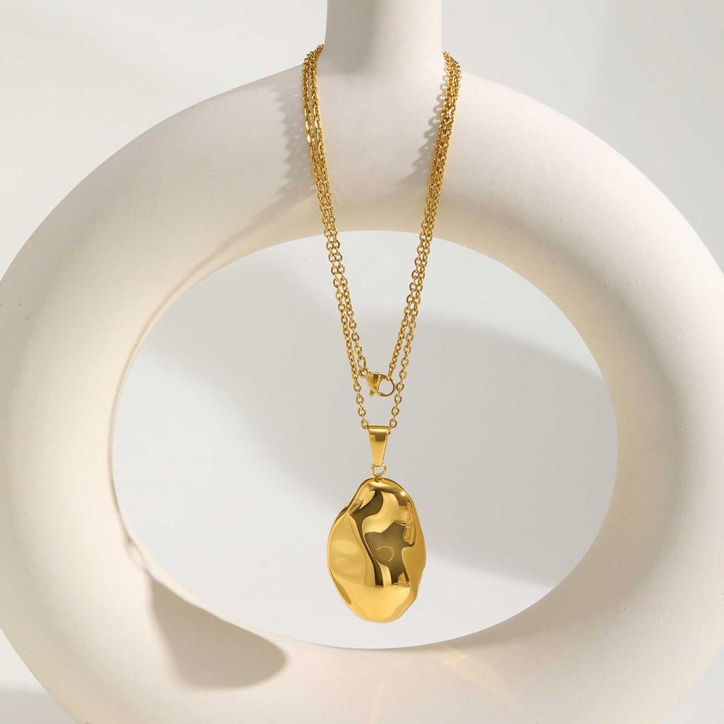 Vintage Glossy Hammered Irregular Pendant Necklace for Women, Gold Plated Stainless Steel Necklace, Fashion Party Jewelry Gift