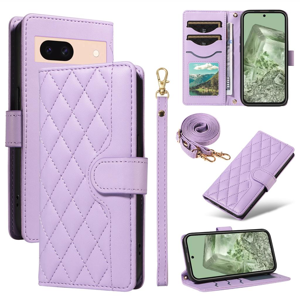 For Google Pixel 8a Case Wallet Rhombus Leather Phone Cover with Shoulder Strap,Wrist Strap