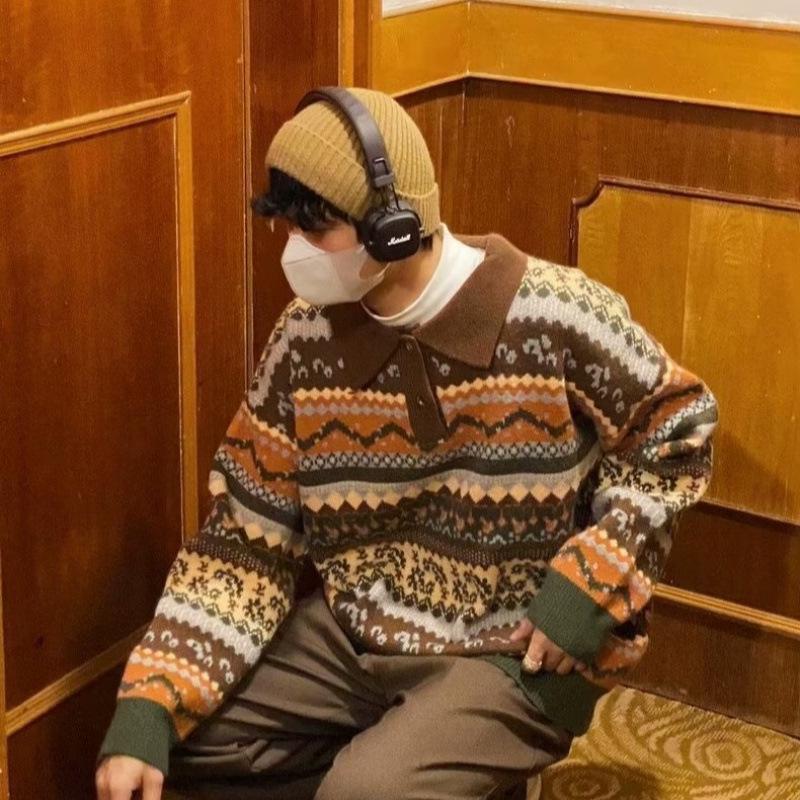 

Чоловічий ретро светр з кольоровими блоками та коміром - Вінтажний вільний трикотаж для пар (Осінь / Зима) M коричневий