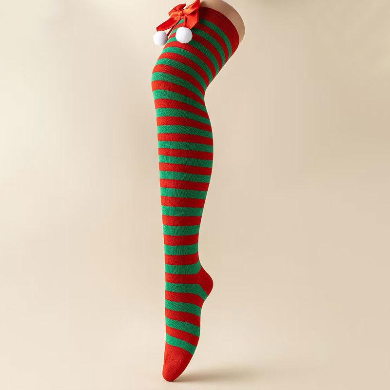 

Рождественские красно-зеленые полосатые гольфы до колена для женщин в стиле преппи, с бантом и помпоном, хлопковые, защита колена, длинные носки, трендовые One Size