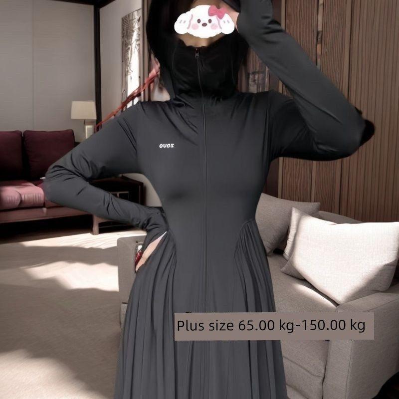 

Extra Large Size 150.00kg Full Body Hooded Sun-Proof Top Female Summer Ice Silk Breathable New Outwear Long UV Protection Black [ordinary Ice Silk]] 4XL
