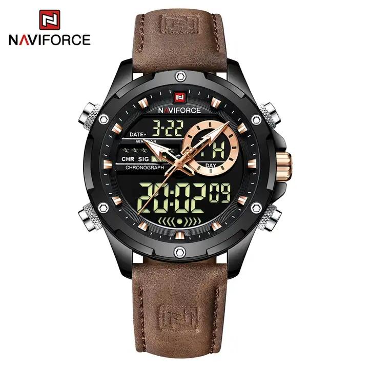 NAVIFORCE NF9208 Golden Man Digital Watch Exclusive Genuine Leather Strap Double Display Character Leisure Watch NAVIFORCE NF9208