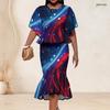 Women Plus Size Two Piece Skirt Set Round Neck Batwing Sleeve Galaxy Printed Ruffle Hem Top Fishtail Skirt