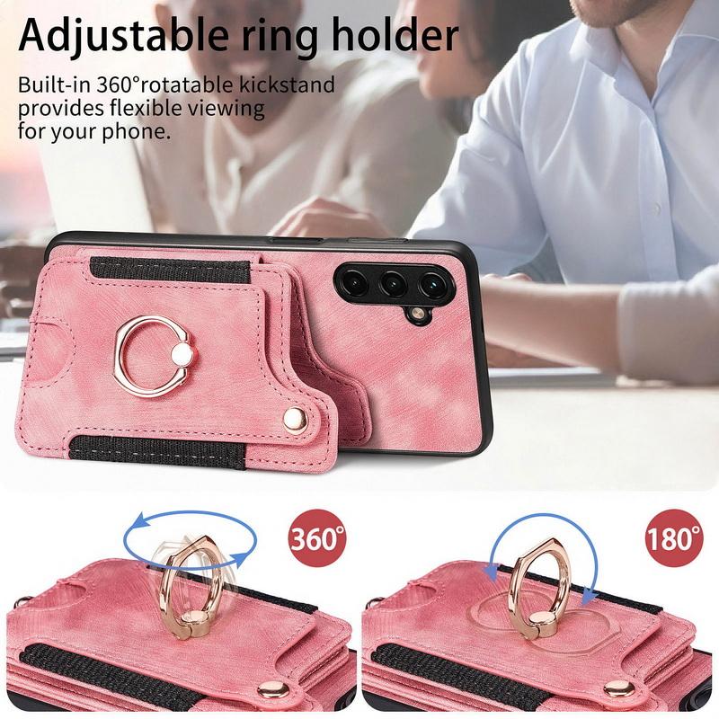 Leather Magnetic Card Bag Case For iPhone 17 16 15 14 13 Xiaomi 13T Poco X5 Pro Ring Bracket Cover For Samsung S24 Ultra S23 A54 Google With Wristband