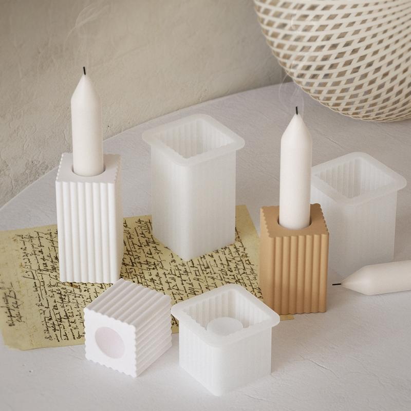3x Handmade Candlestick Molds Square Striped Candle Holder Silicone Moulds Castings Mould Plaster Molds Candle Cup Molds