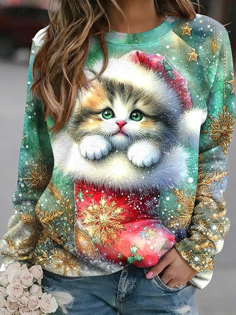 Christmas Women's Sweatshirts Cute Cat Graphic Casual Long Sleeve O-Neck Regular Tops Streetwear Casual Pullover  Fall Winter