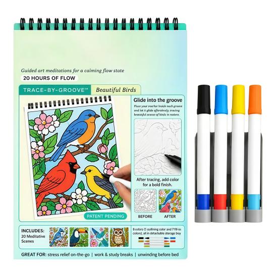 Stress Relief Coloring Activity Trace-By-Groove Guided Book, Clear Artistic Printing with 20 Decorative Double Sided Marker Pen Set Scenes And