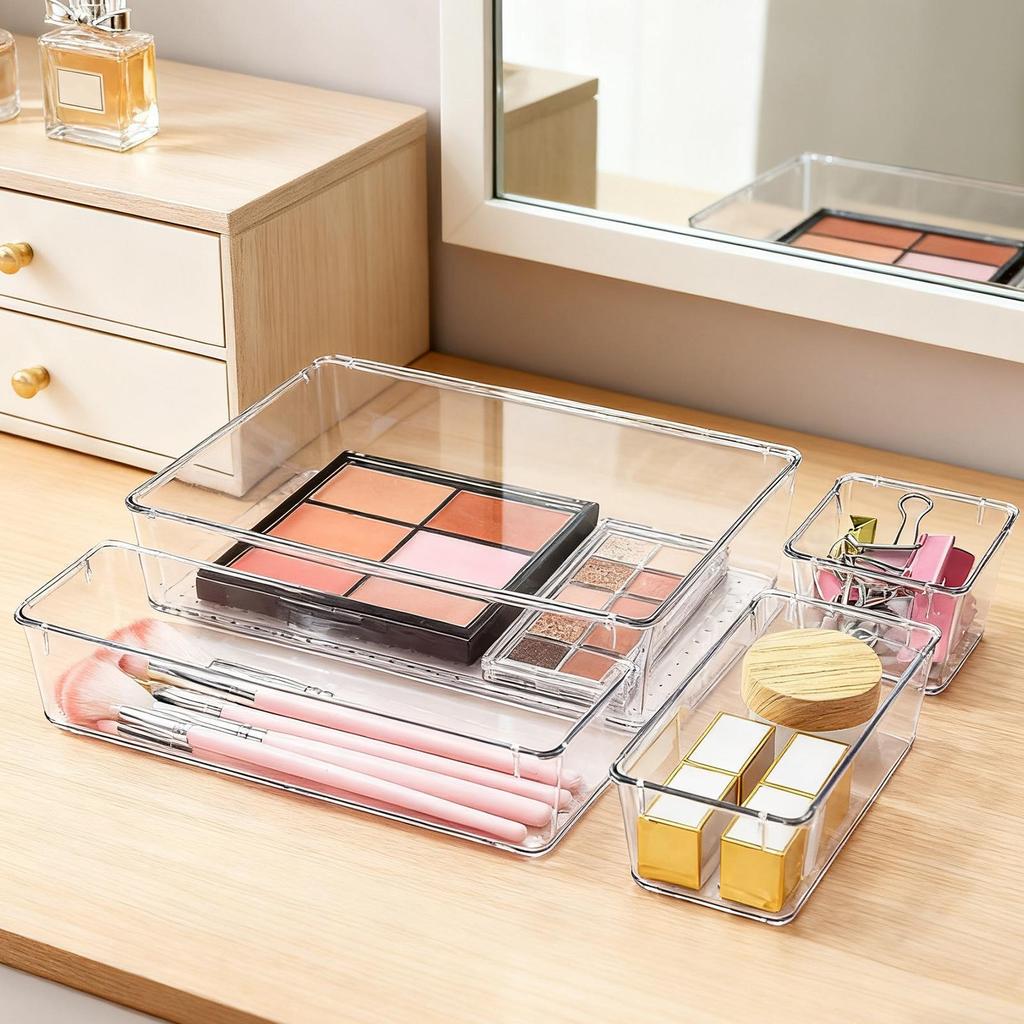 4pcs Desk Drawer Organizers Set Plastic Bathroom Storage Makeup Organizer Clear Transparent Storage Box Drawer Organizer