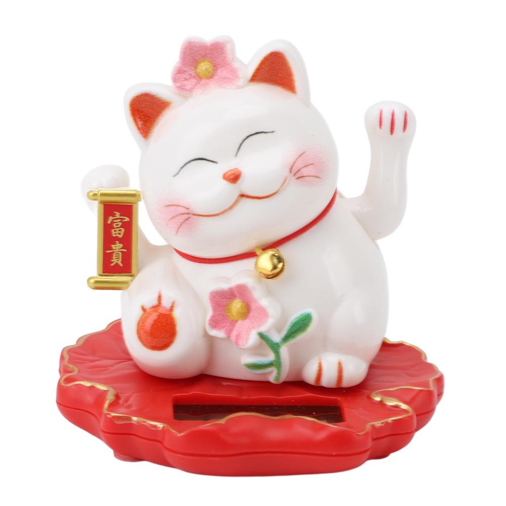 ABS Solar Waving Cat Ornament White Solar Feng Shui Cat Figurine Office Desk Decorative Figurine