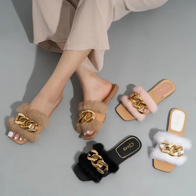 Moda Moda Łańcuch Pluszowe Futrzane Puszyste Damskie Sandały Białe Płaskie z Zewnętrznymi Damskimi Klapkami Futro Letnie Buty na Plażę Duży Rozmiar 37-42