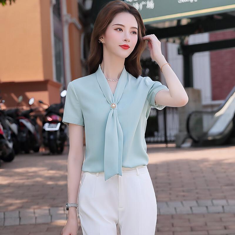 Women's Korean Style Short Sleeve Tie-Neck Blouse