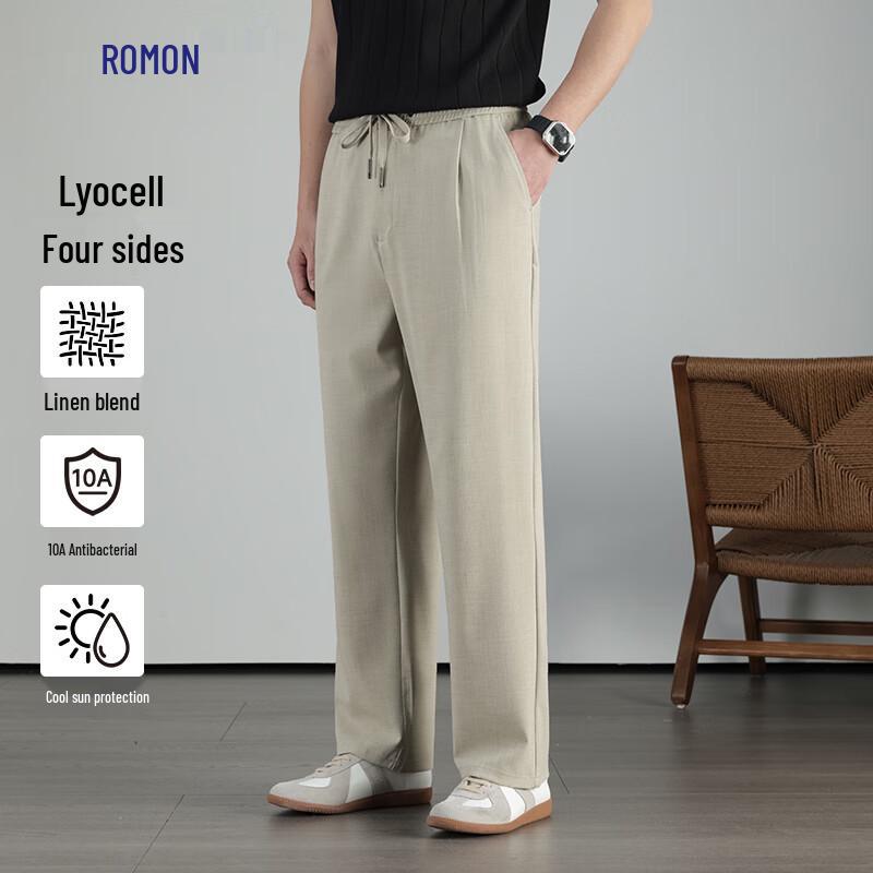 Romon Men s Lyocell-Linen Blend Straight Casual Trousers 2XL