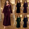 Women Plus Size Long Sleeve Burgundy Velvet Dress V Neck Ruched Pearl Trim Wedding Guest Gown