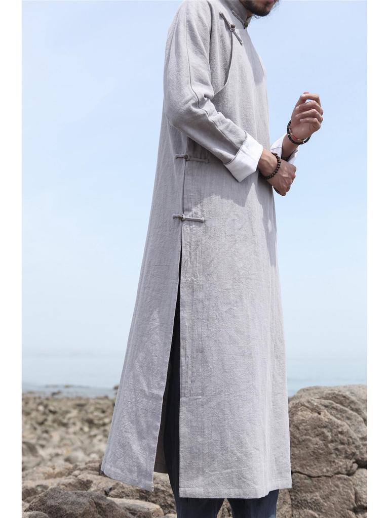 Ležérní dlouhé šaty Hanfu ve stylu éry Republiky, taoistický lněný župan s pan sponou a měděnými knoflíky
