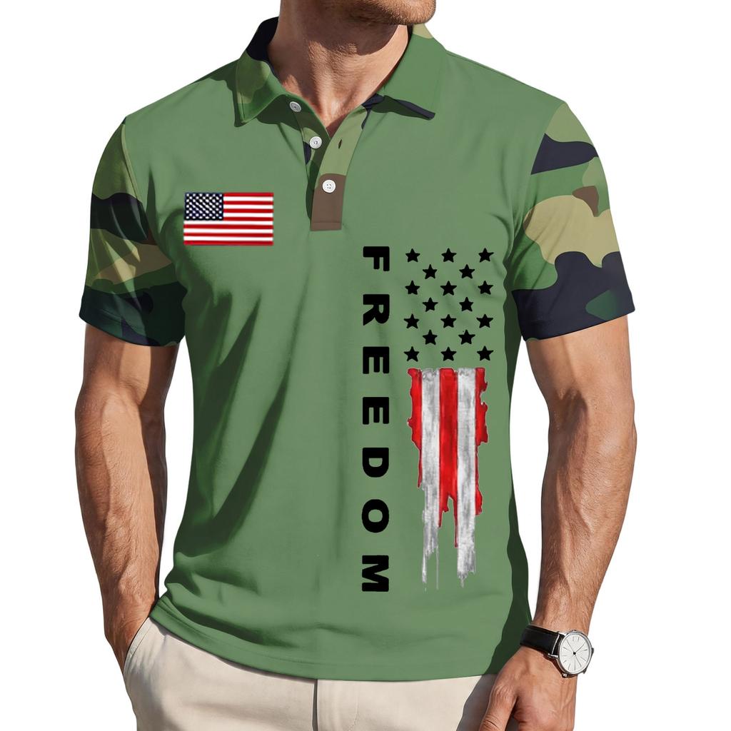 Men's Loose Fit Casual Short Sleeve Polo Shirt with Flag Print and FREEDOM Text Pattern Lightweight Breathable Summer Top