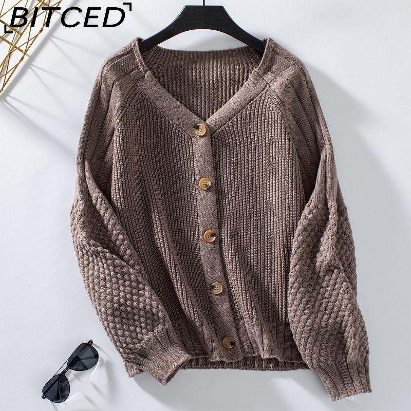 BITCED Autumn/Winter Women's Solid-Colour Button-Front Knitted Cardigan Coat Casual Oversized Bell-Sleeve Sweater