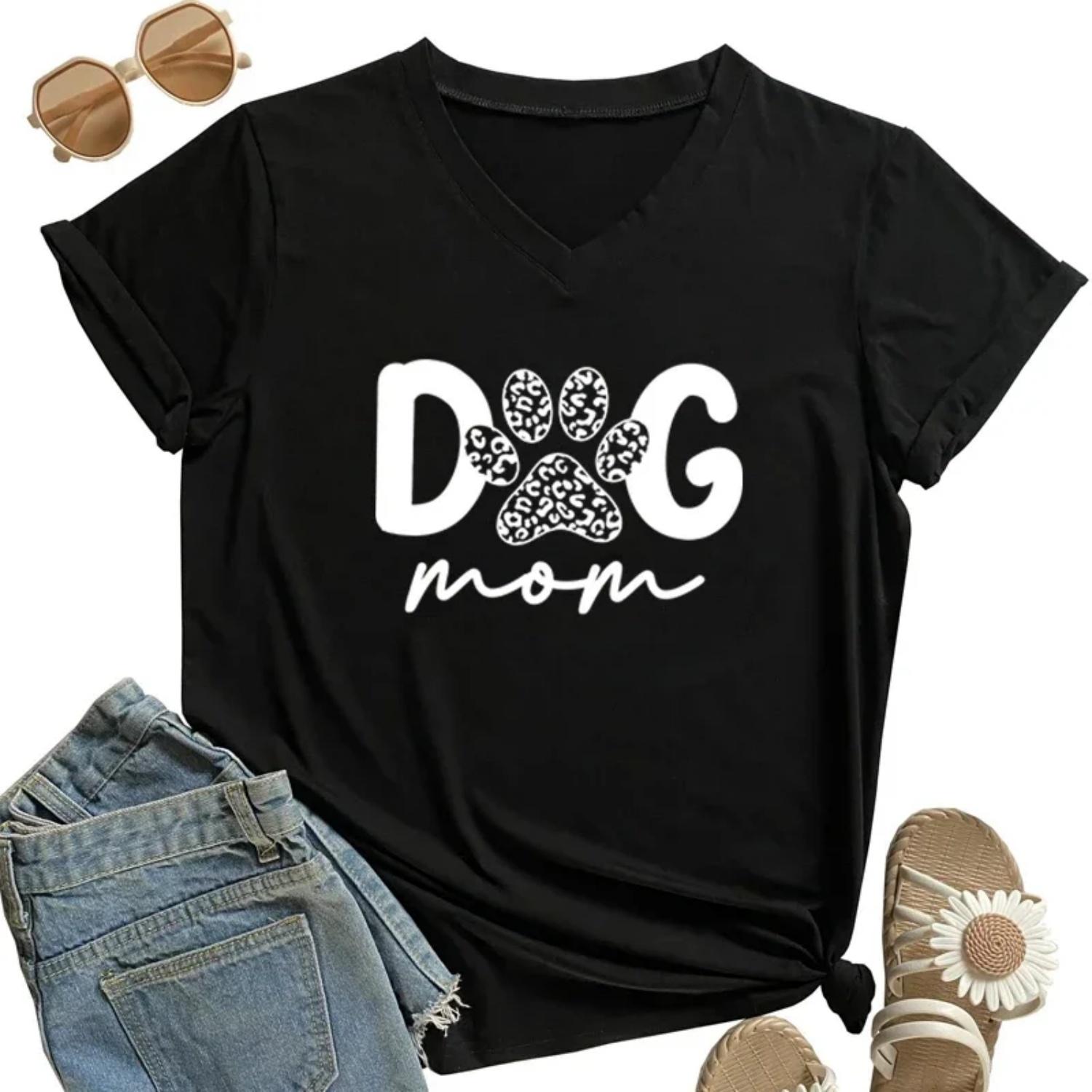 

Women Dog Mom T-shirt Cute Dogs Paw Leopard Printed Tee Cartoon Casual Shirt Summer V-neck Short Sleeve Tees Dog Mama Tshirt S чёрный