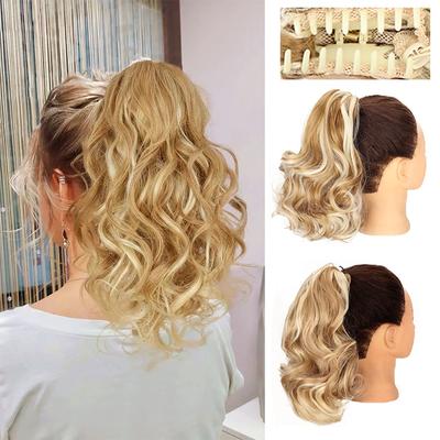 Synthetic 12Inch Short Claw Clip In Ponytail Soft Wavy Curly Clip In Hair Extensions Blonde Ponytail for Women Daily Party