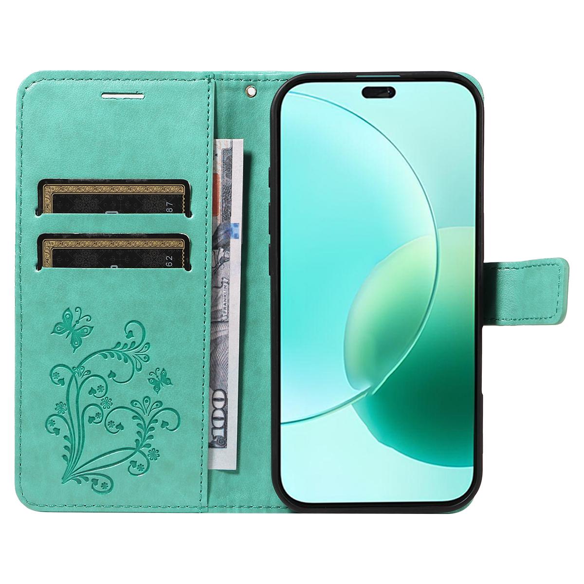 

For Honor 400 Lite Wallet Case Floral Butterfly Imprinted Leather Phone Cover Stand Blue