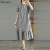 ZANZEA Women Casual Stand Collar Loose Short Sleeve Grid Print Dress