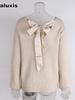 Fall Winter V-Neck Solid Color Women's Top, Imported New Long Sleeve Casual Loose Bow Tie Knit Sweater for Women
