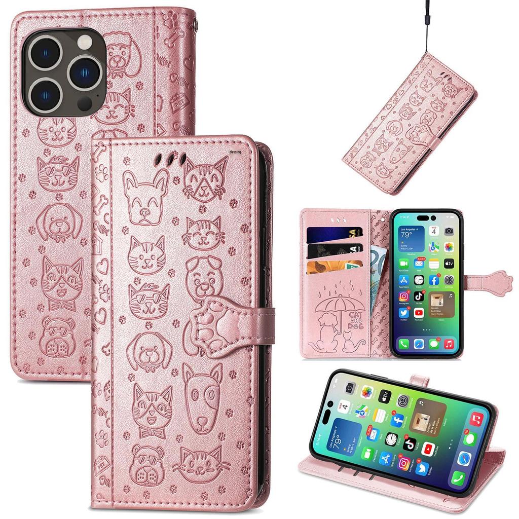 iPhone 16 Flip Leather Case - PU Embossed Cat Dog Design - Compatible with Apple 15