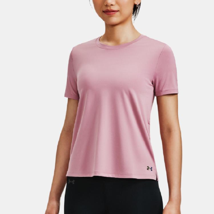 Under Armour Solid Color Round Neck Mesh Back Short Sleeve T-Shirt Women Tops Pink 1379043-697