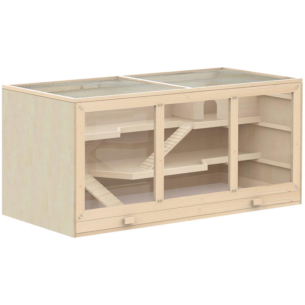 Wooden Hamster Cage, Small Animals Hutch with Tray, Openable Top, Exercise Play House Pen, 115L x 57W x 55Hcm, Natural