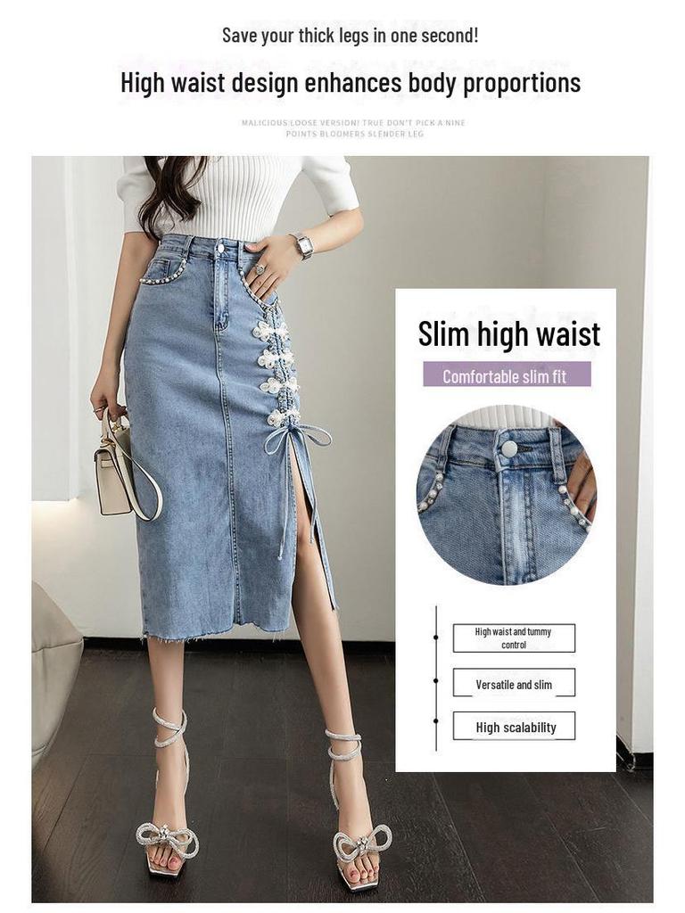Damen Perlenbesetzter High-Waist Denimrock - Sommer 2025 Schlitz A-Linien-Stil