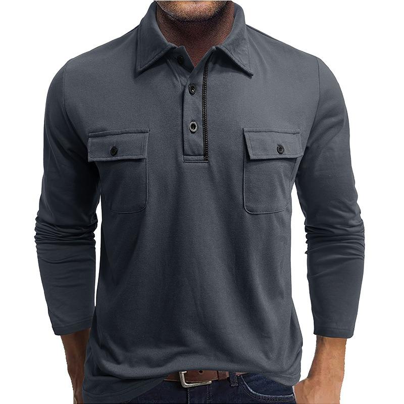 Men Long Sleeve Pocket Lapel Collar Casual Polo Shirt Outdoor Leisure Mens Top