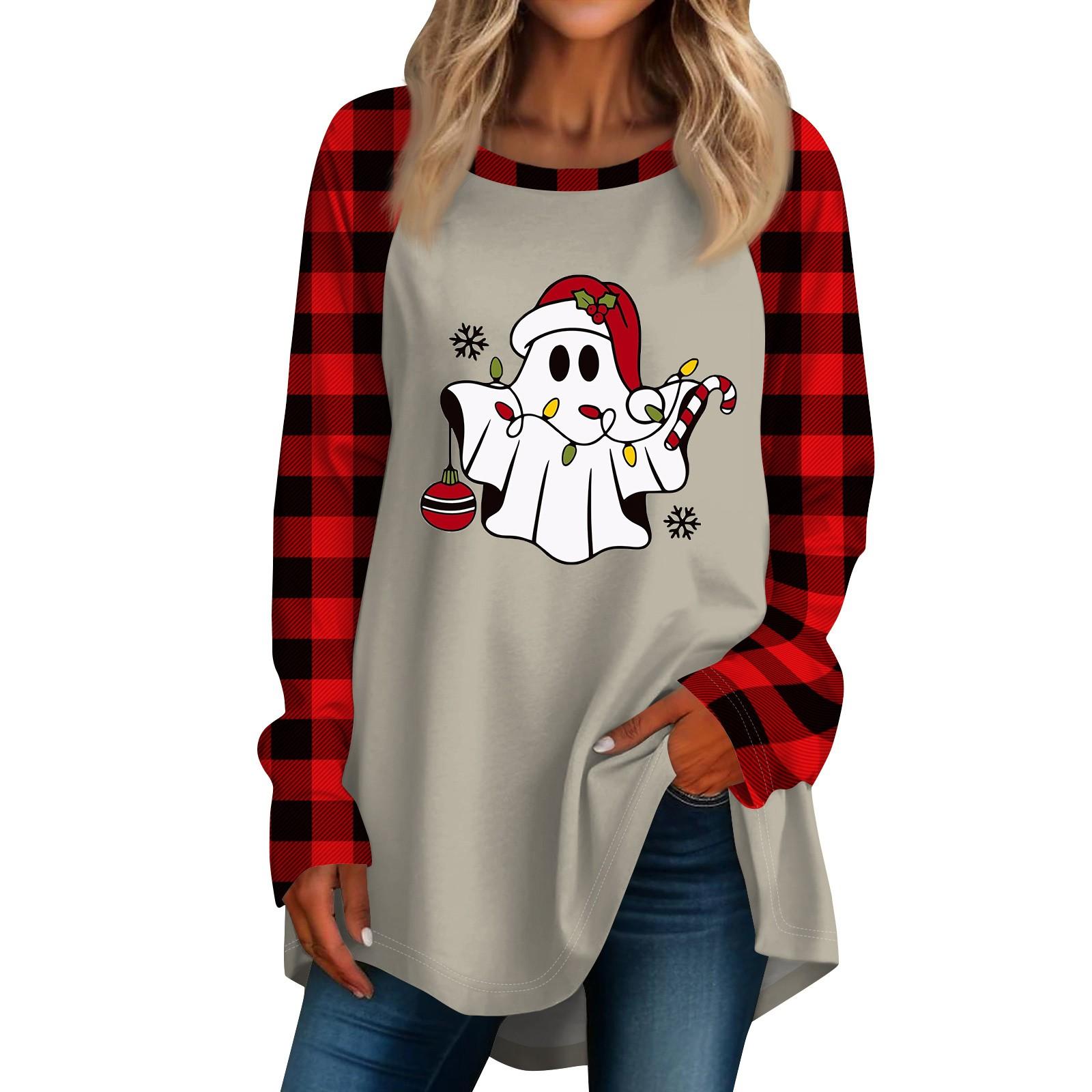 

Женская повседневная футболка больших размеров с длинными рукавами и круглым вырезом с рождественским принтом, топ, пуловер L винный