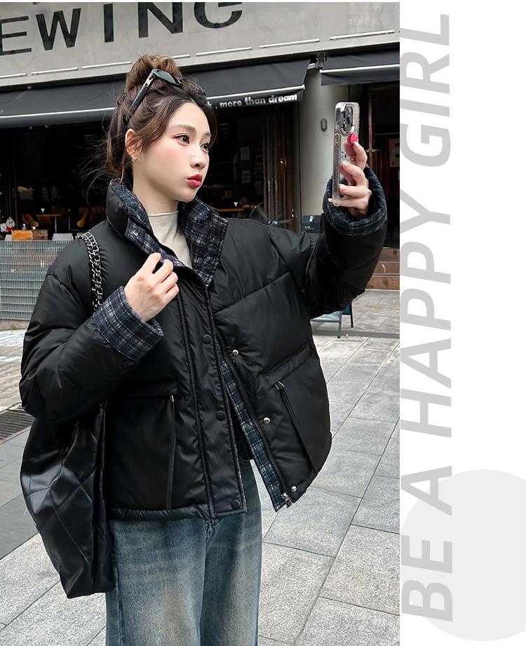 Vertical Collar Plaid Contrast Cotton Warm Short Thickened Jacket