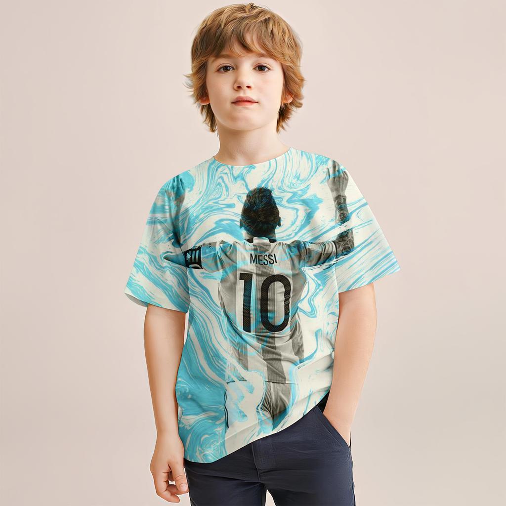 Argentine Team's Summer Boy T-Shirt 3d Cartoon Print Football Star Messi Fashionable Children's Short Sleeved Clothing Girl