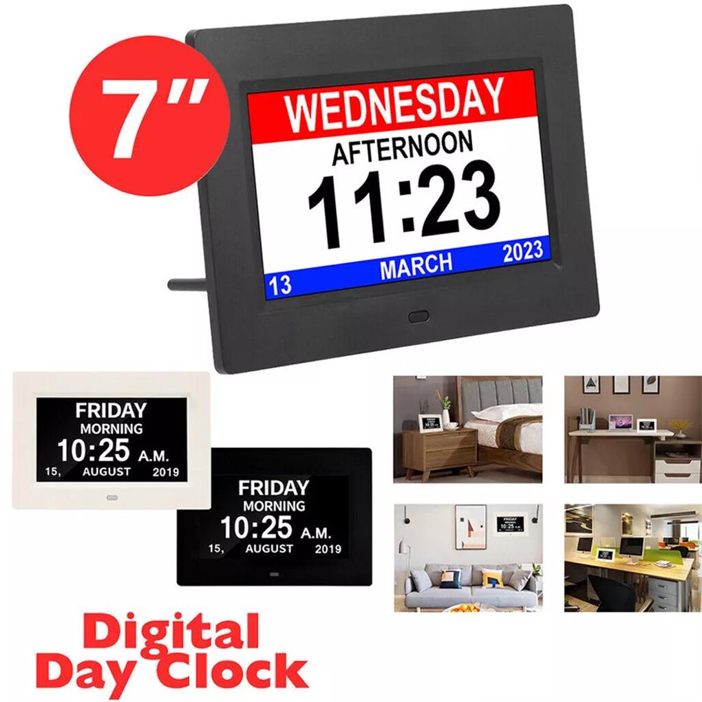 7inch Digital Calendar Alarm Clock Automatic Dimming 8 Languages Large Dementia Alzheimers Medicine Time Reminder for the Elders
