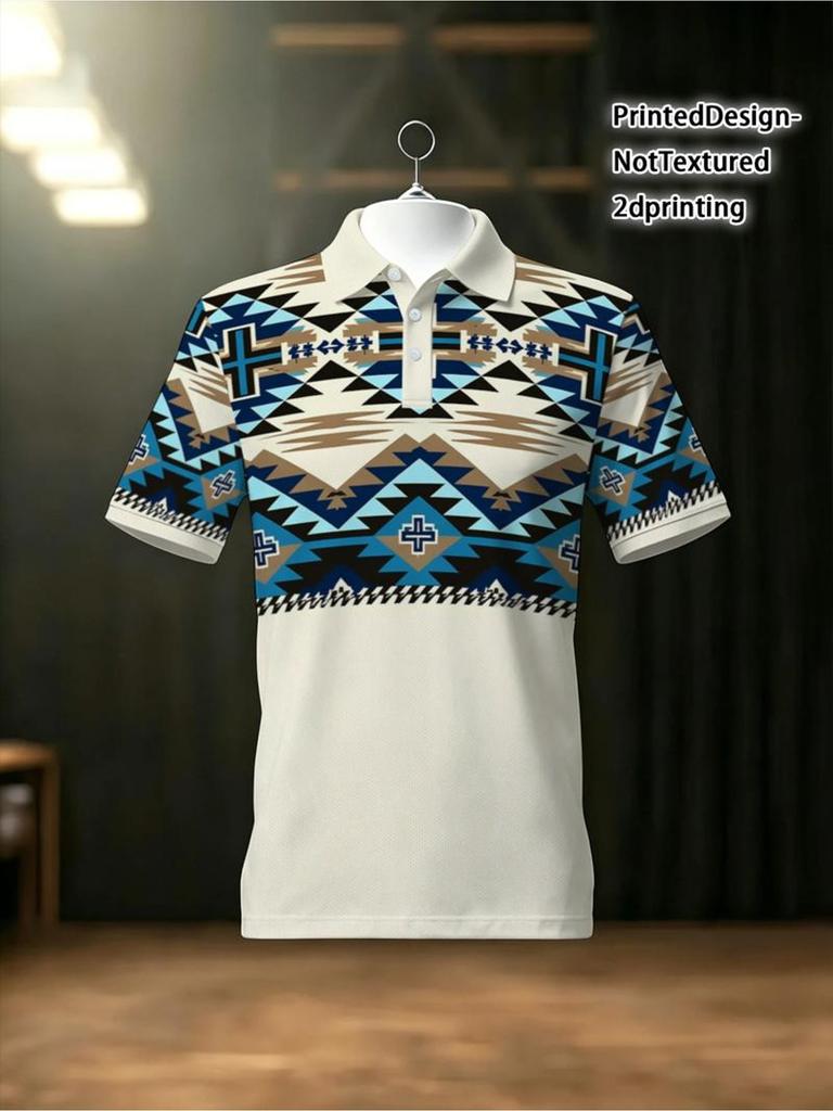 Men's Outdoor Polo Shirt, Tribal Geometric Pattern, 2D Printed Design, Polyester Material, Mixed Color, Multiple Sizes Available, Suitable for Hiking