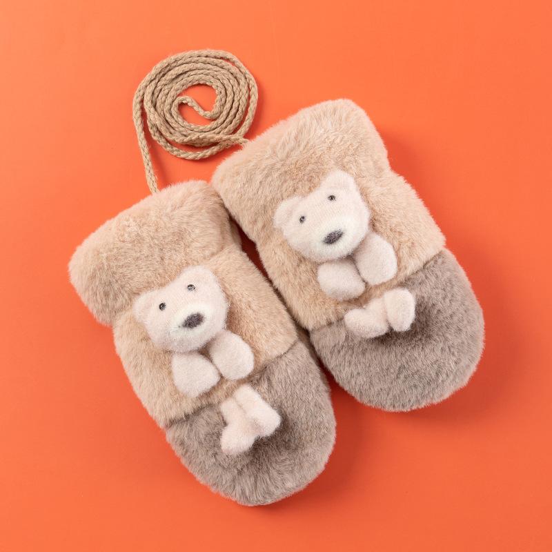 New children's thermal gloves wholesale, imitation rabbit hair lanyard jacquard gloves, double-layer velvet mittens