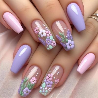 24 Pcs Short Ballerinas Press On Nail 3D Flowers False Nail Acrylic Nail Glossy Full Cover Stick On Nail for Woman