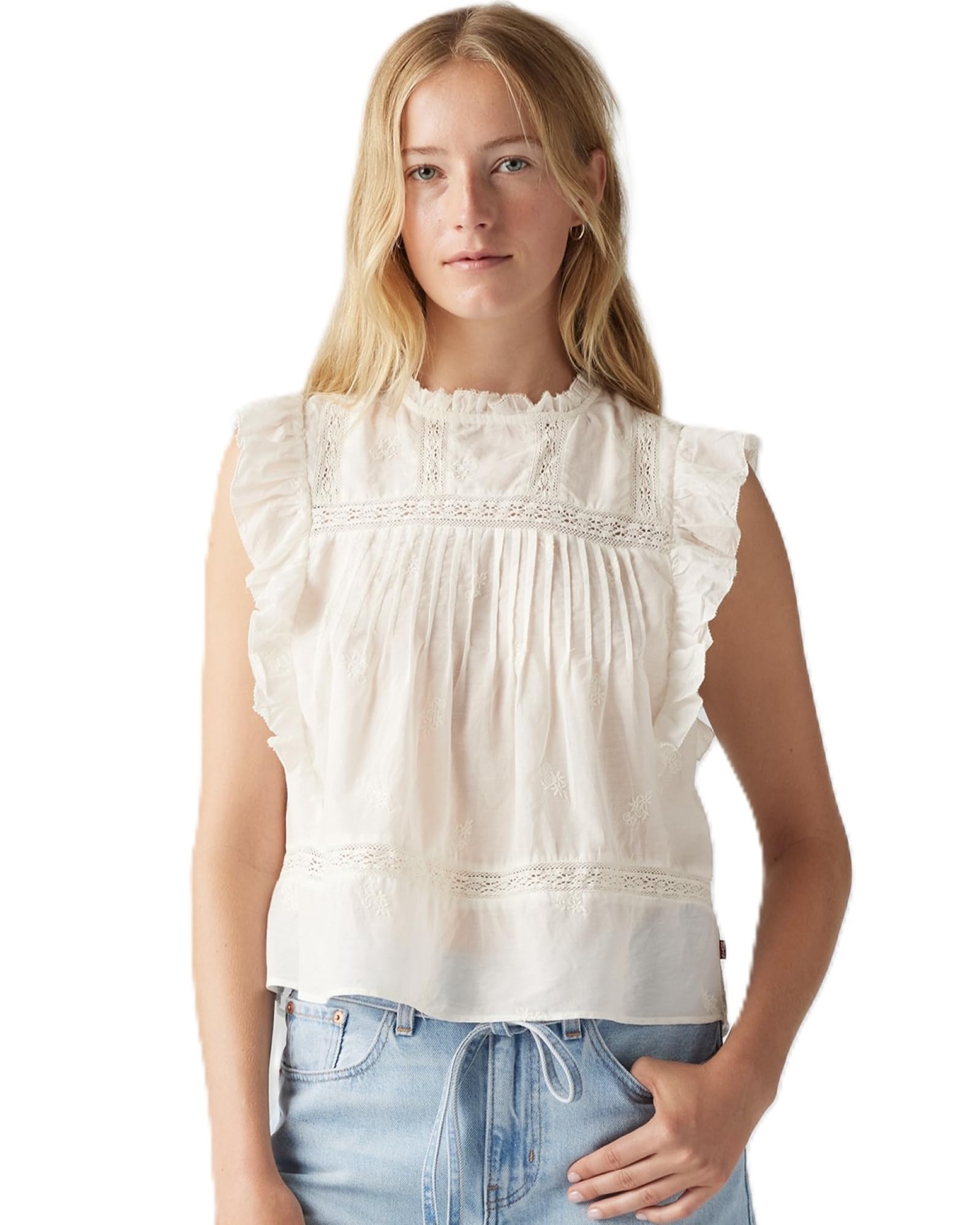 Levi s EDITH Flutter Sleeve High Neck Ruffle Blouse Sleeveless Women s S