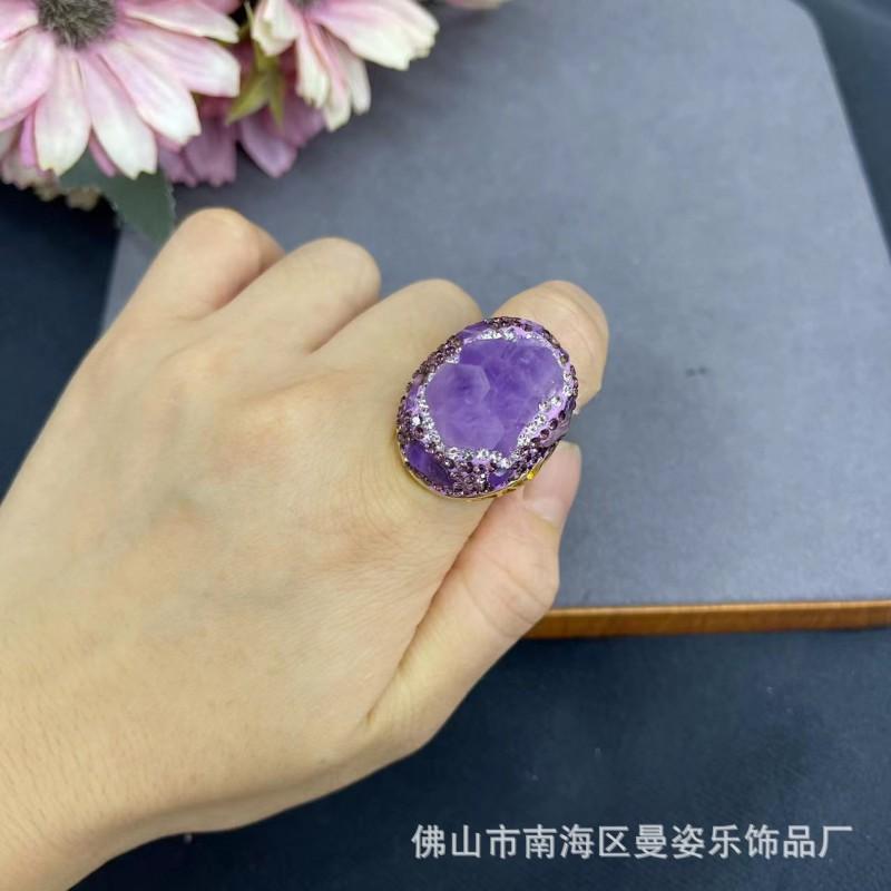 Adjustable Open Ring With Natural Brazilian Amethyst Geometric Stone Copper Base Gold Plated Women