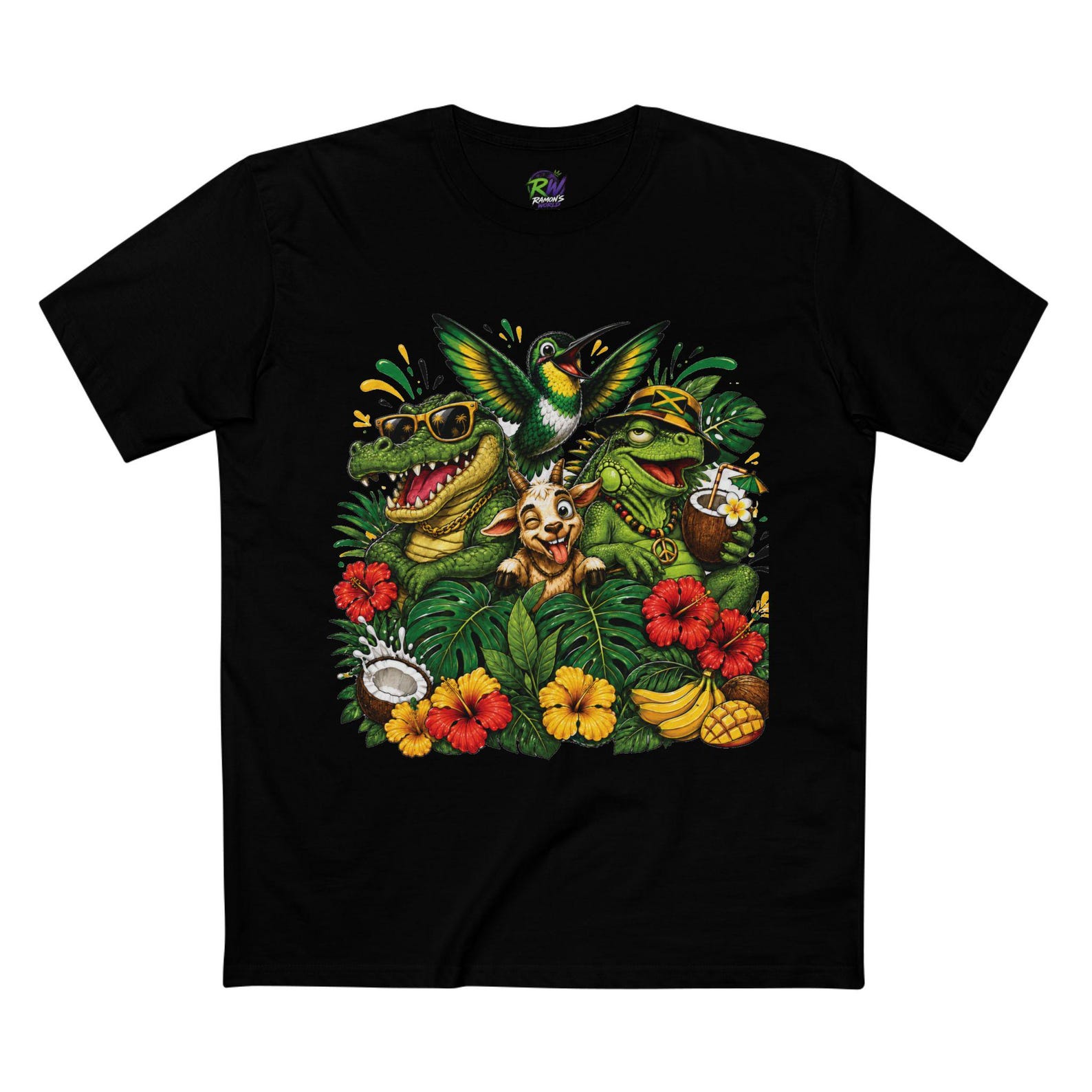 Tropical Jungle Animals T-Shirt | Hummingbird, Crocodile, Parrot, Hibiscus M