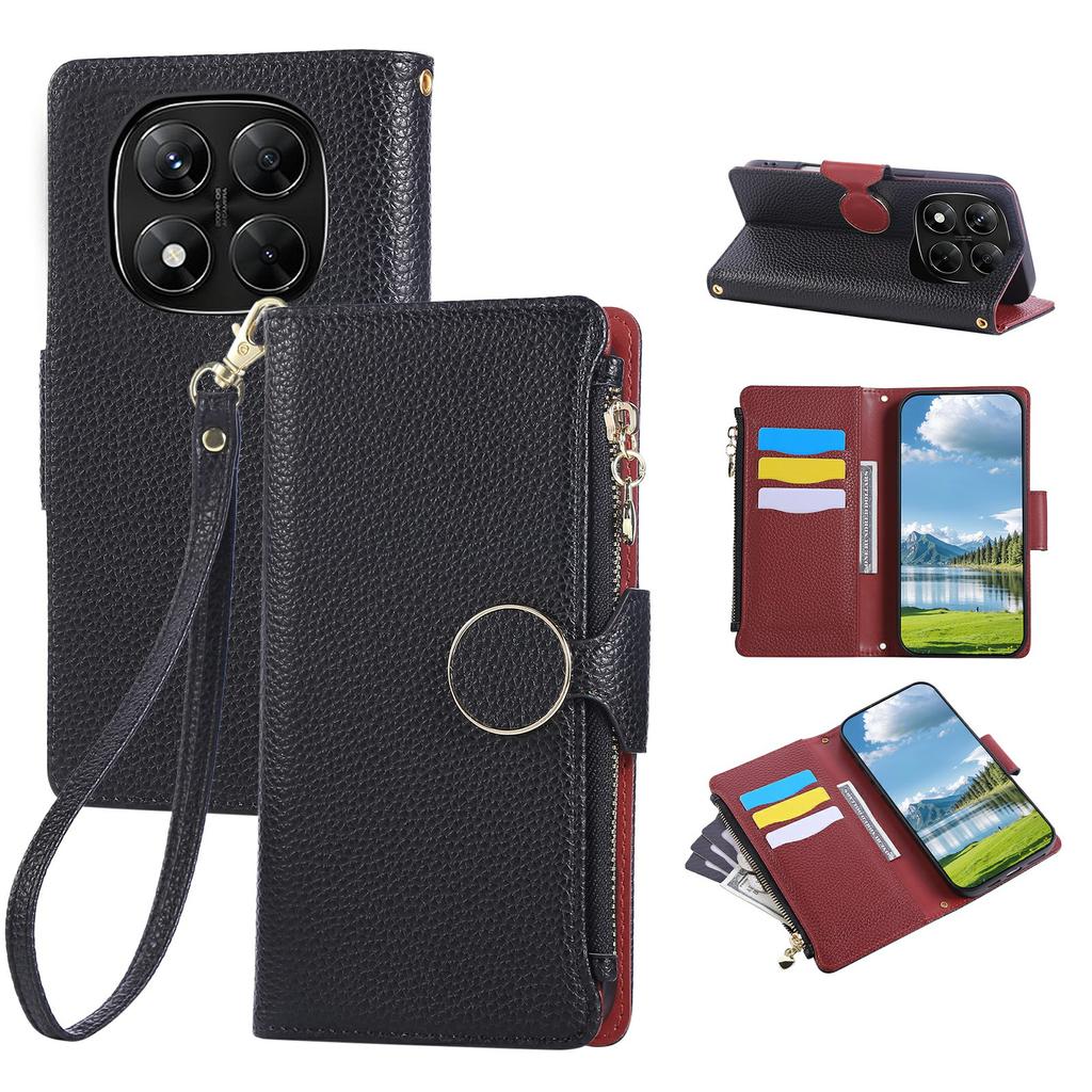 Etui Na Telefon Dla Xiaomi Redmi Note 14 Pro 5G/Note 14 Pro+ 5G/Poco X7 5G , Skórzane Etui Portfel Z Zamkiem Błyskawicznym Z Paskiem Na Nadgarstek