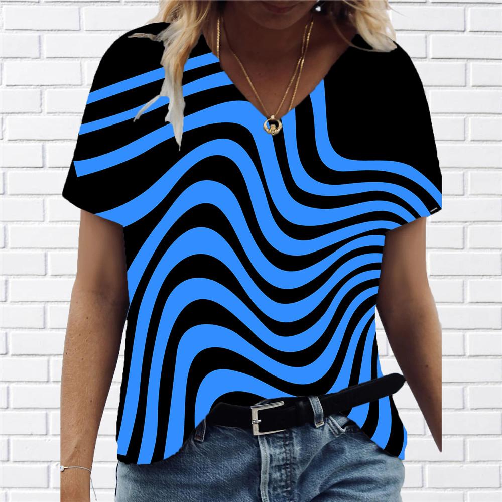 Moda damska odzież 3d krzywa koszulka z nadrukiem Casual dekolt w serek nowa abstrakcyjna damska koszulka ponadgabarytowa odzież uliczna topy z krótkim rękawem