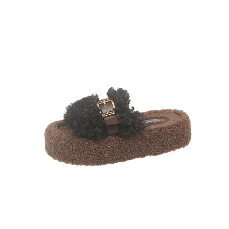 Retro thick-soled fluffy slippers women's outer wear 2025 autumn and winter Korean version comfortable curly slippers one-word cotton towing women's 