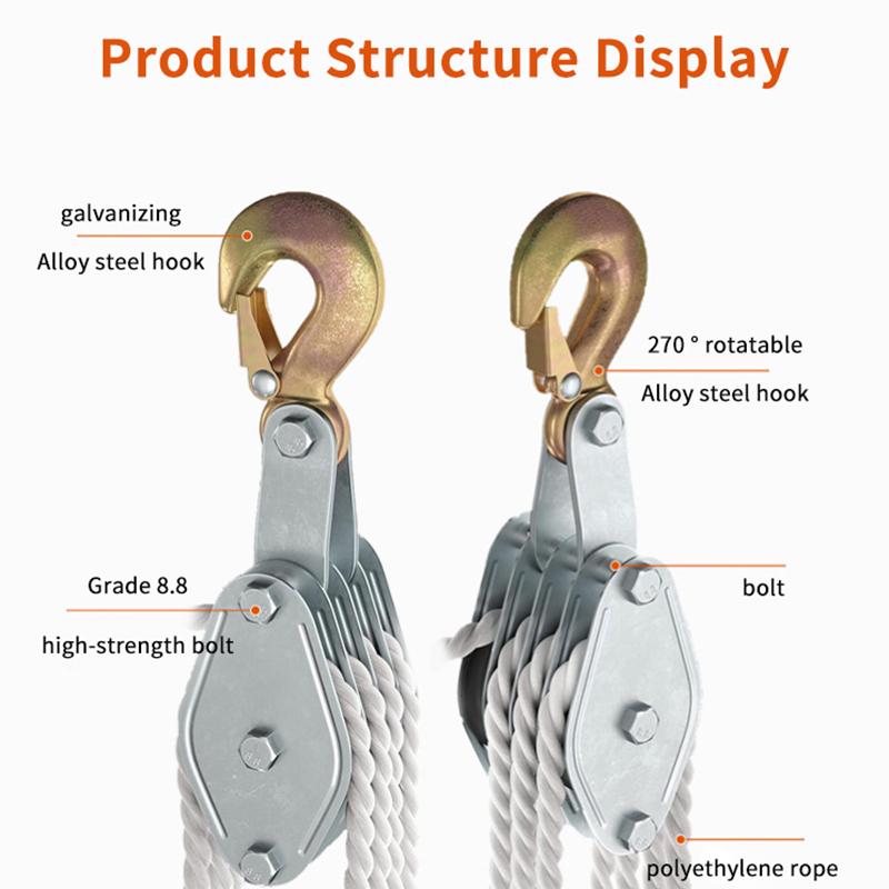 Handheld Crane Heavy Duty Polyethylene Rope Pulley Hoist 270° Rotatable Rope Pulley Block Zinc Alloy Hook Manual Lifting Device