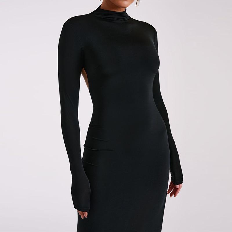 Elegant Slim Fit Long Sleeve Sexy Backless Dress Women Summer Slit Casual High Waist Black Long Dresses Women Fashion Stand Collar Party Dress 26443